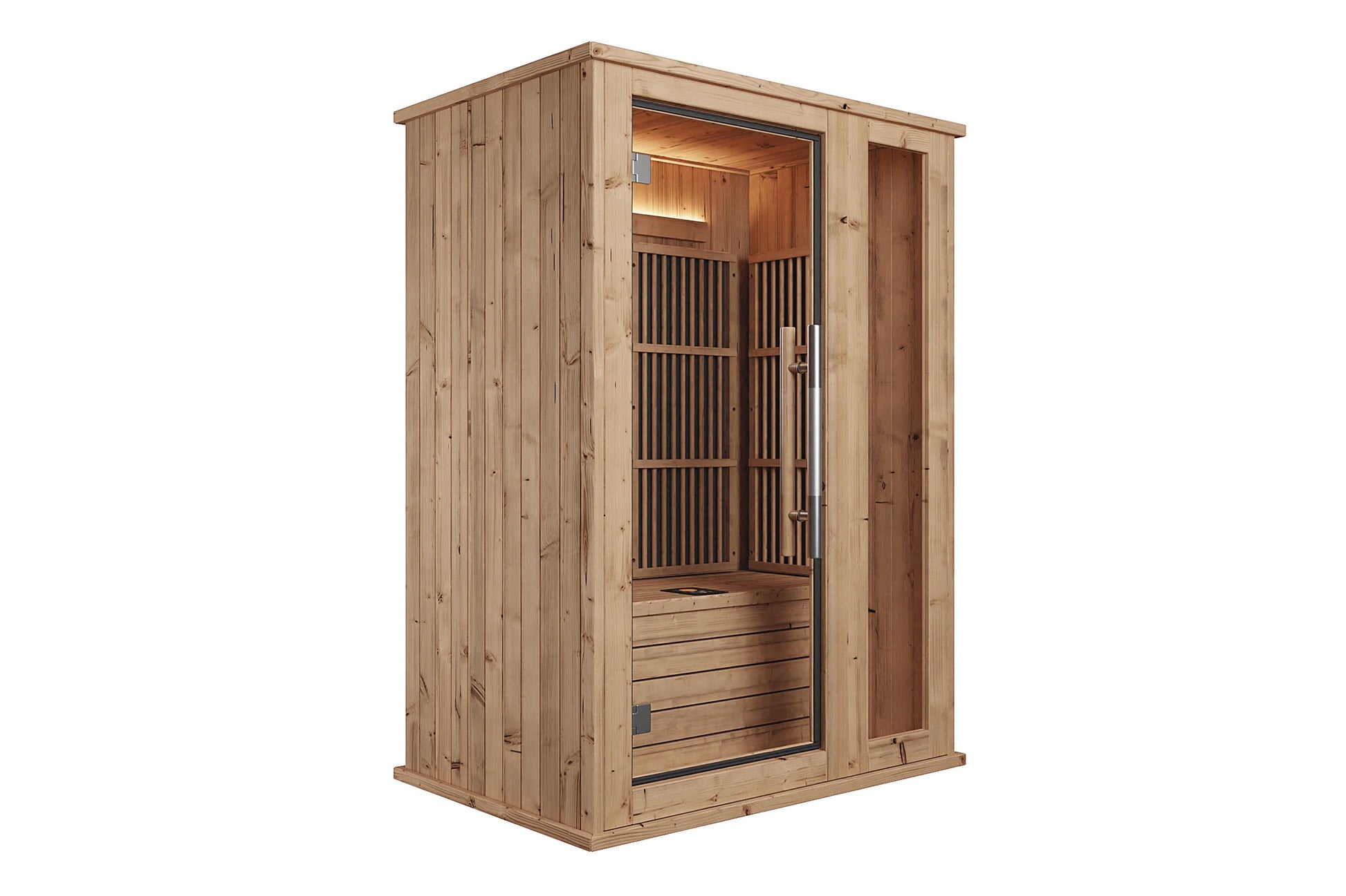 Light wood infrared sauna with glass door, interior heater panel, and bench seating on white background