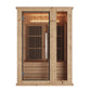 Almost Heaven Laurel 1-person infrared sauna with natural pine wood exterior, glass door with black vertical heating panels, 