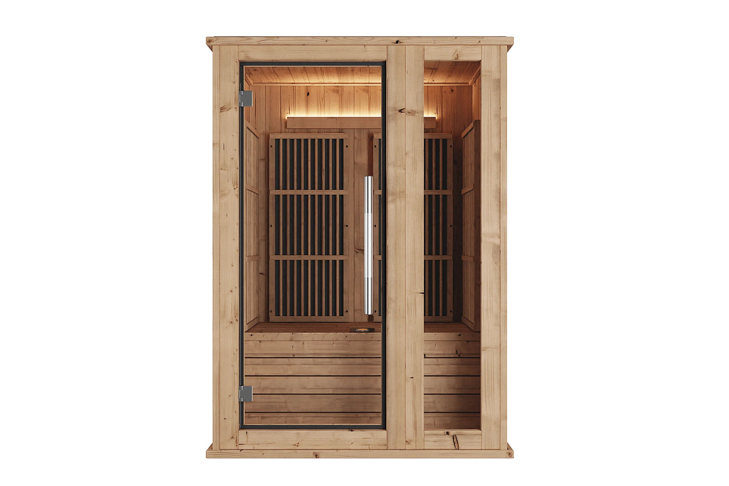 Almost Heaven Laurel 1-person infrared sauna with natural pine wood exterior, glass door with black vertical heating panels, 