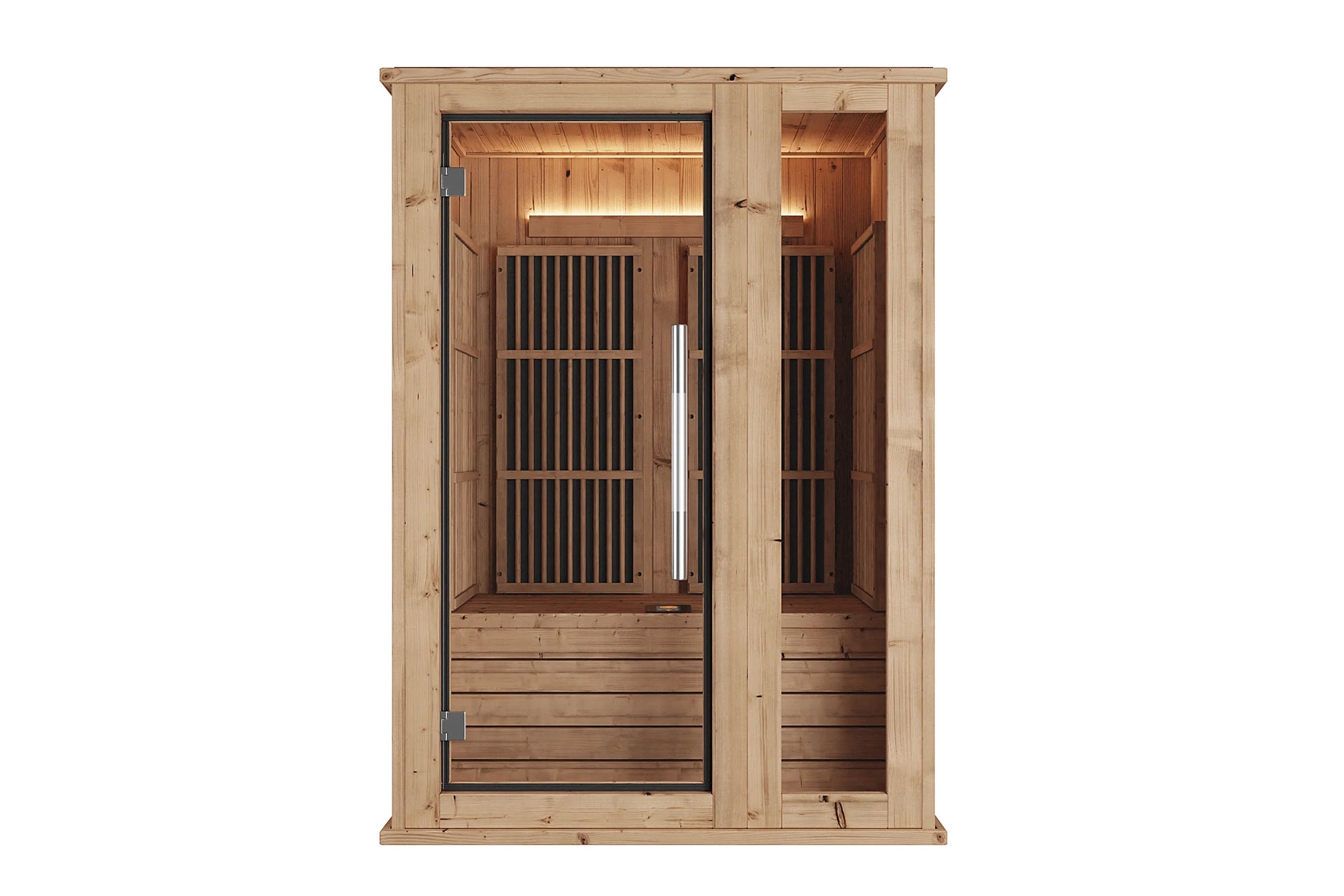 Almost Heaven Laurel 1-person infrared sauna with natural pine wood exterior, glass door with black vertical heating panels, 