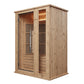 Almost Heaven Laurel 1-person infrared sauna with light wood construction, glass front doors, and black vertical vents on whi