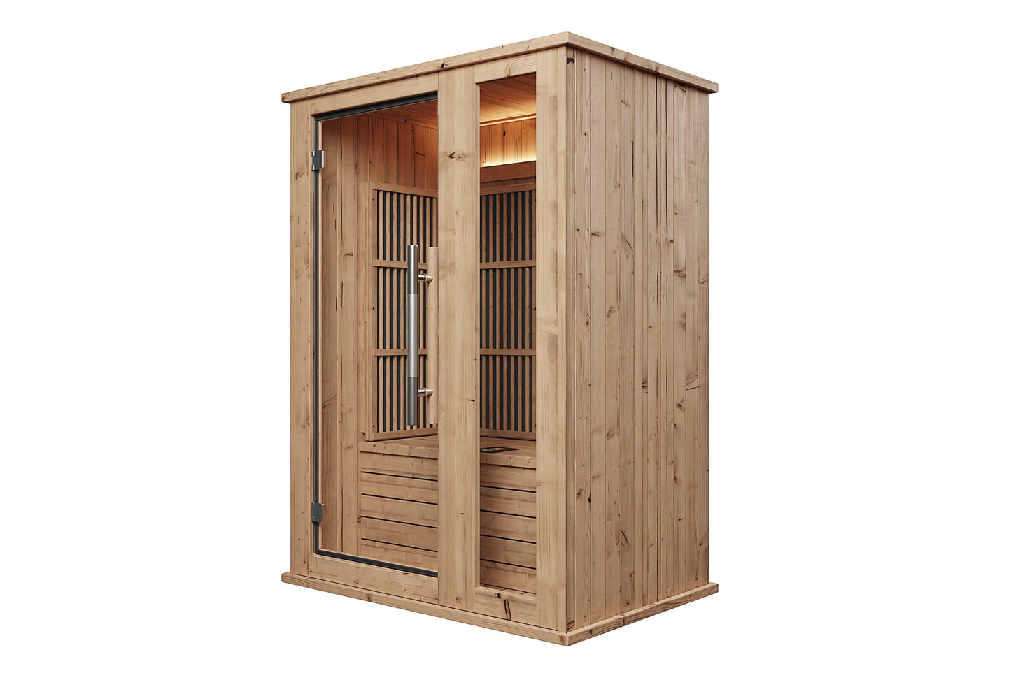 Almost Heaven Laurel 1-person infrared sauna with light wood construction, glass front doors, and black vertical vents on whi