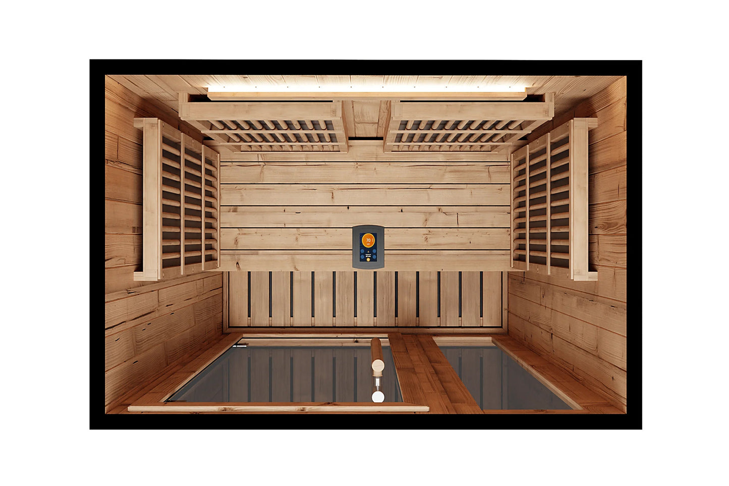 Interior overhead view of wood-paneled infrared sauna with benches, heating panels, control panel, and LED lighting