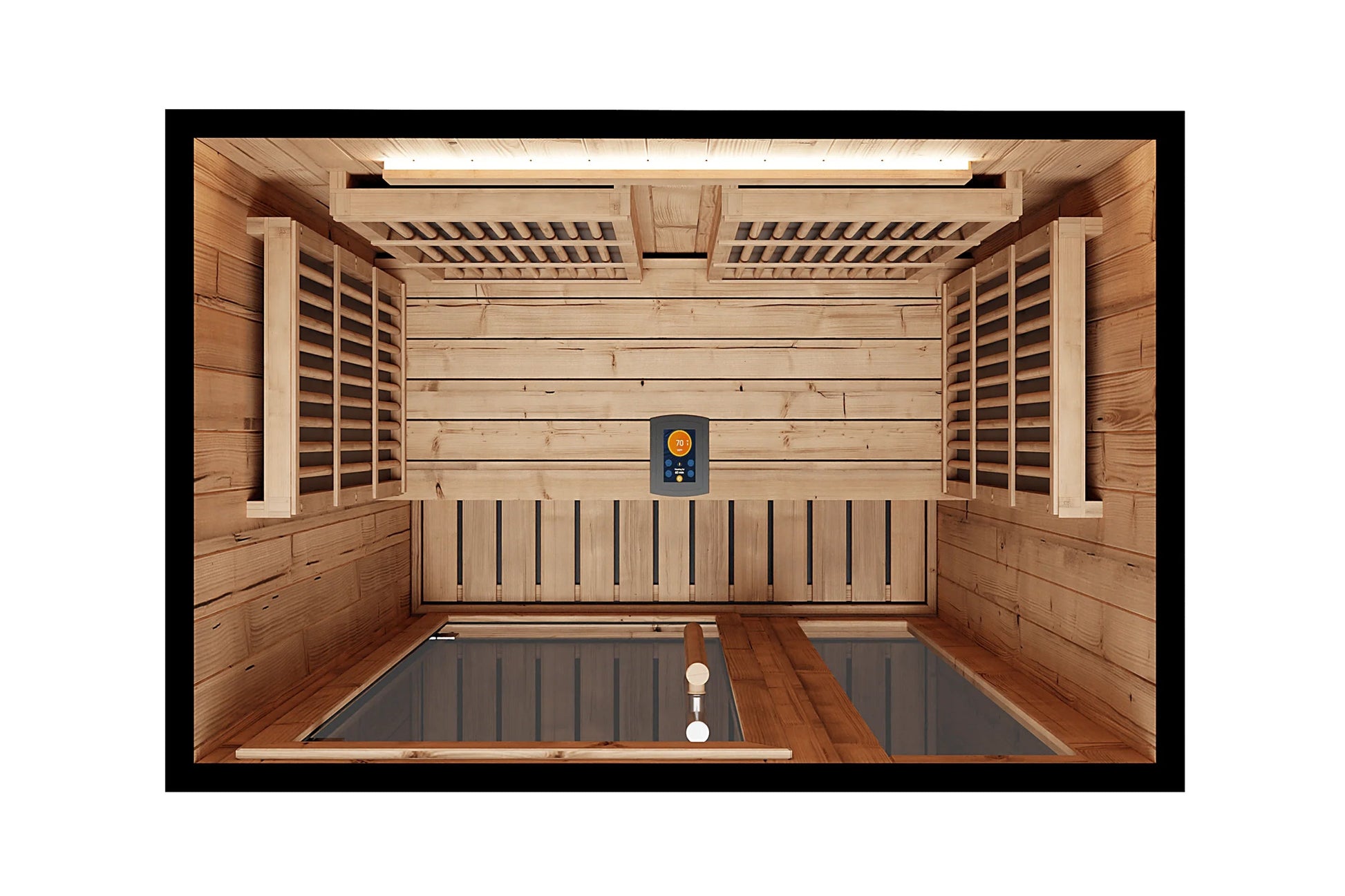 Interior overhead view of wood-paneled infrared sauna with benches, heating panels, control panel, and LED lighting