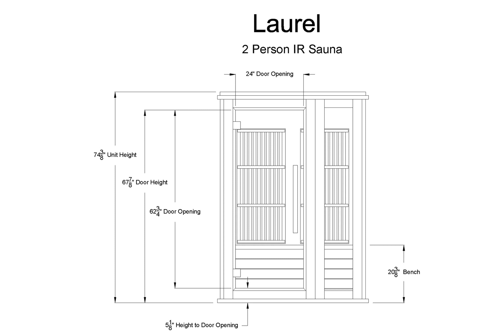 Laurel 2 person infrared sauna front technical diagram with door and bench dimensions on white background