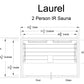 Laurel 2 person infrared sauna technical specifications diagram showing interior dimensions and bench layout