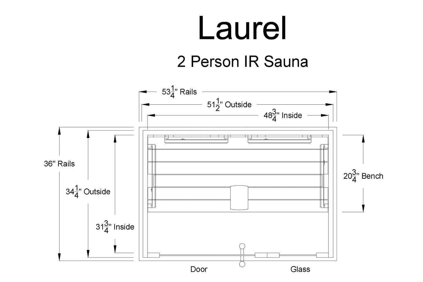 Laurel 2 person infrared sauna technical specifications diagram showing interior dimensions and bench layout