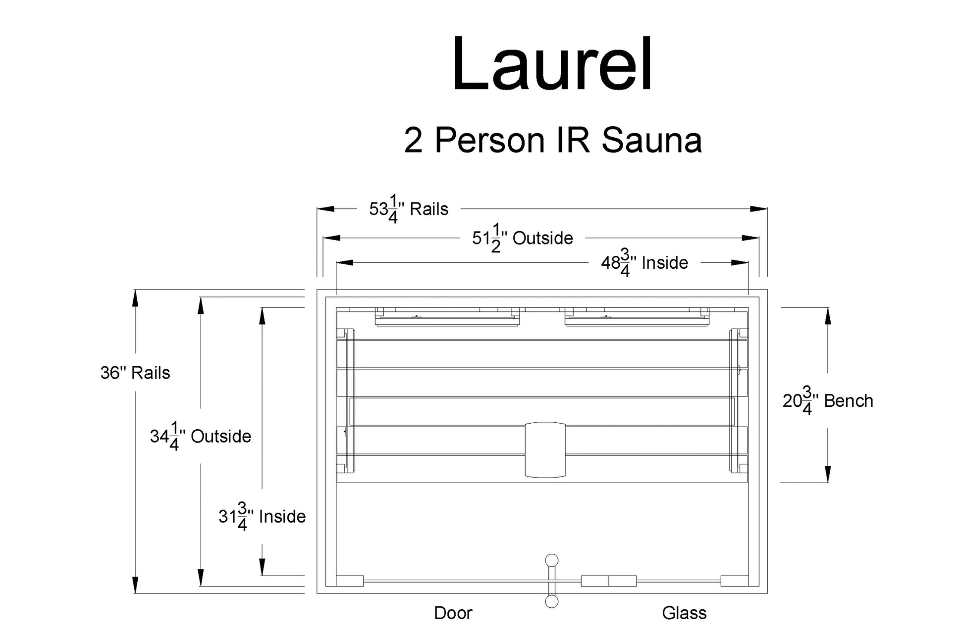 Laurel 2 person infrared sauna technical specifications diagram showing interior dimensions and bench layout