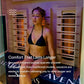 Woman wearing black bikini inside wooden infrared sauna with glowing heating panels and purple ambient lighting