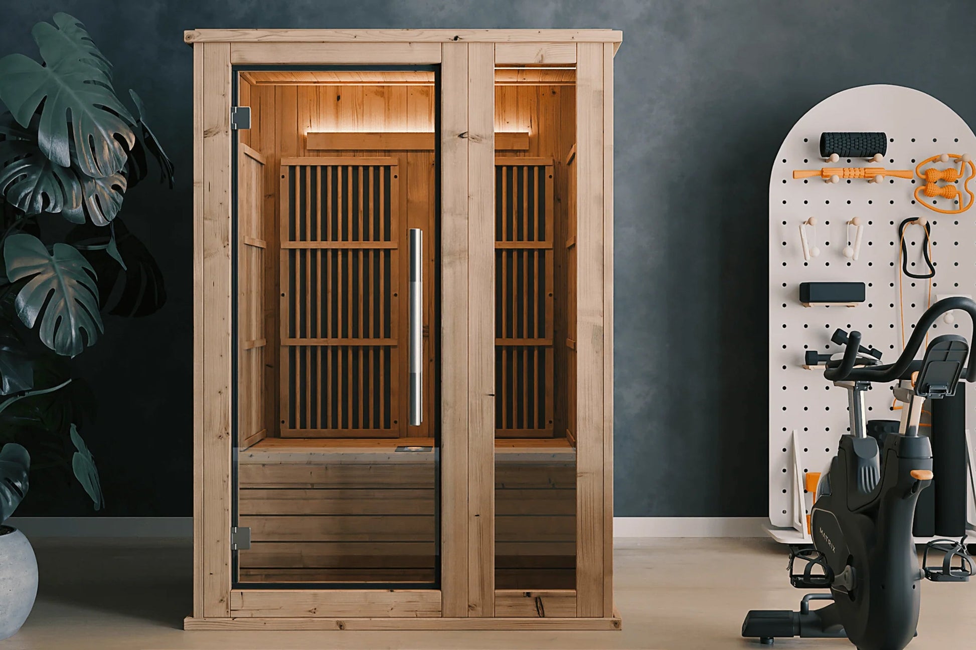 Almost Heaven Laurel 1-person infrared sauna with light wood exterior, glass doors, and vertical slat interior, displayed in 