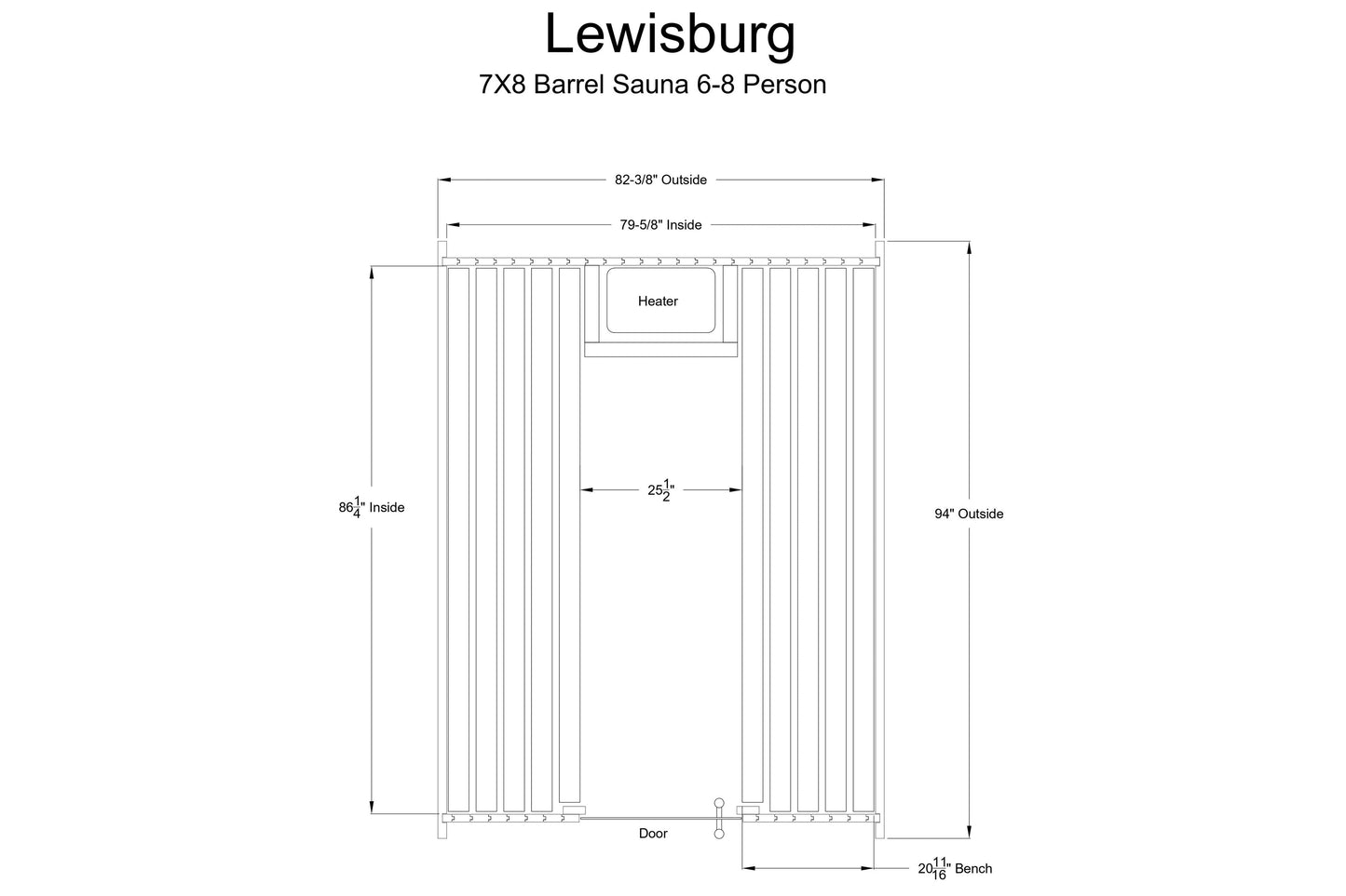 Lewisburg 7x8 barrel sauna floor plan with dimensions, showing interior heater, bench seating, and door placement