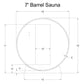 Technical schematic of 7-foot barrel sauna showing front view with dimensions, curved wooden barrel design, and interior benc