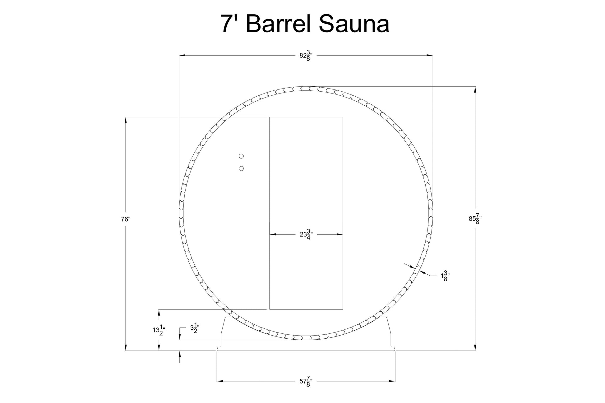 Technical schematic of 7-foot barrel sauna showing front view with dimensions, curved wooden barrel design, and interior benc