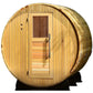 Barrel sauna with natural wood construction, rounded cylindrical shape, vertical wood planking, dark brown door with window, 