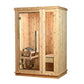 Wooden sauna with glass doors on a white background