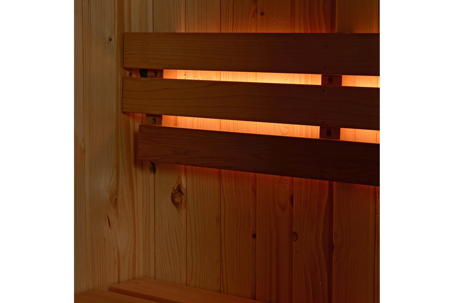 Almost Heaven Logan sauna interior with cedar wood walls, dark wood benches with integrated lighting strips, and warm amber b