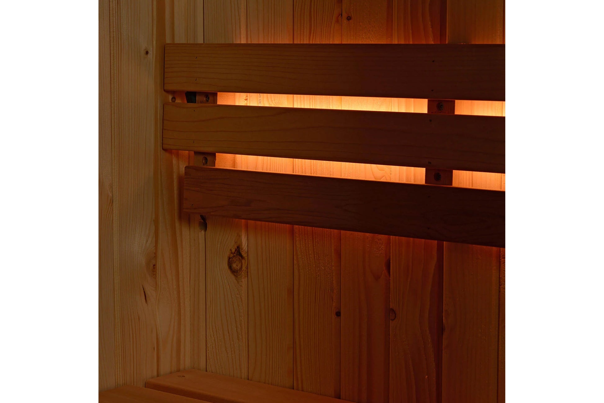 Almost Heaven Logan sauna interior with cedar wood walls, dark wood benches with integrated lighting strips, and warm amber b