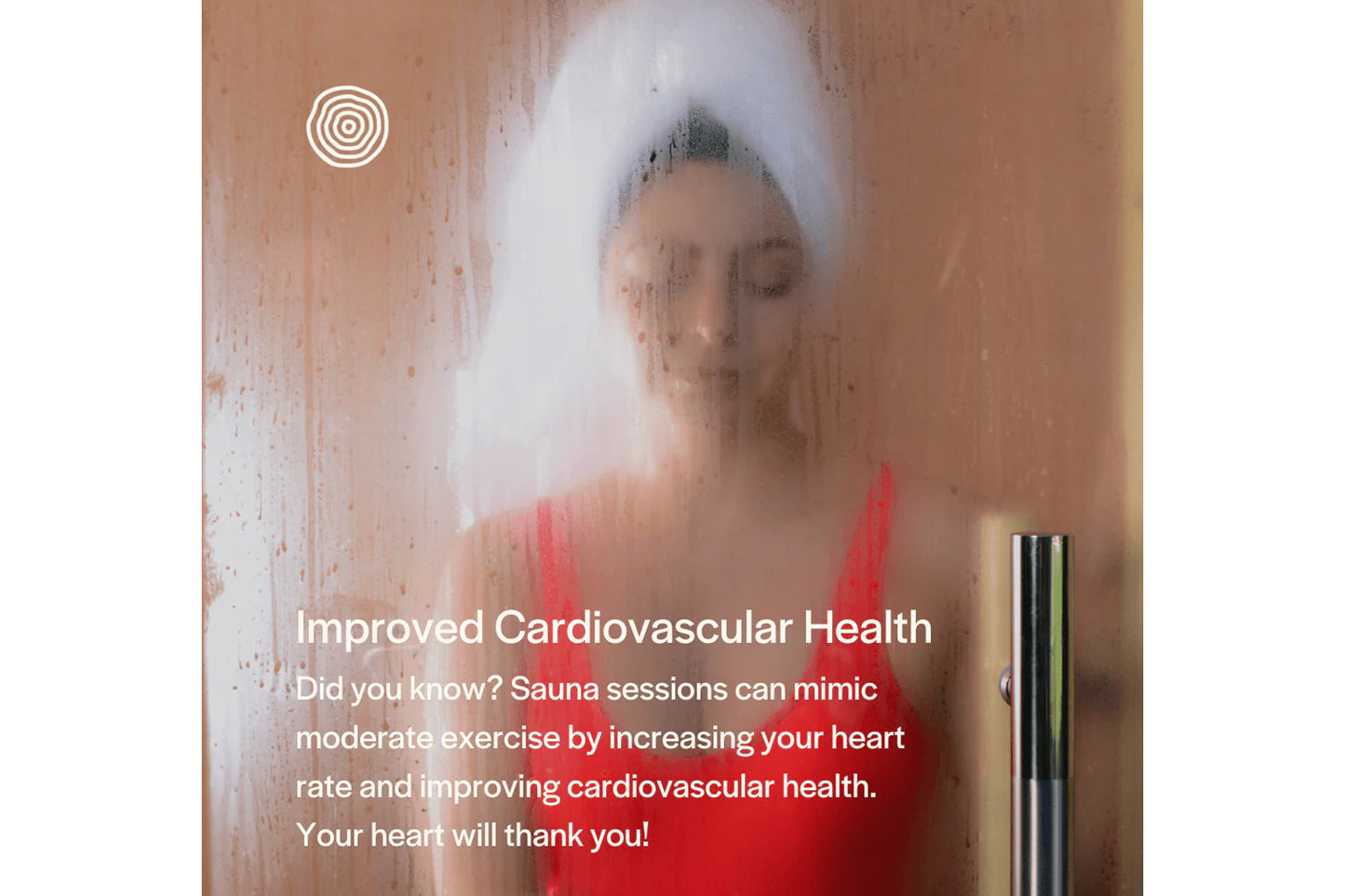 Person wearing white towel wrap inside sauna with steam, red towel visible, sauna interior with wood paneling and metal door 