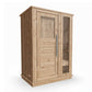 Light wood 1-2 person indoor sauna with front glass door, horizontal slat lower panel, and tempered glass side window on whit