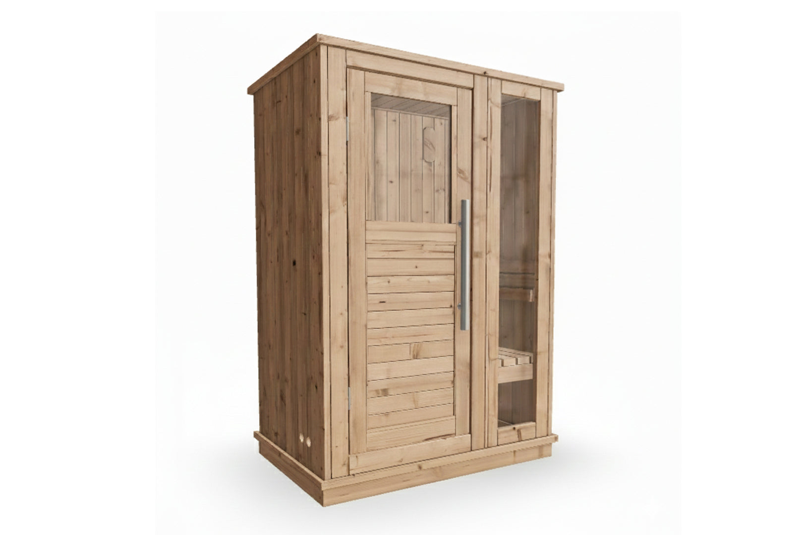 Light wood 1-2 person indoor sauna with front glass door, horizontal slat lower panel, and tempered glass side window on whit