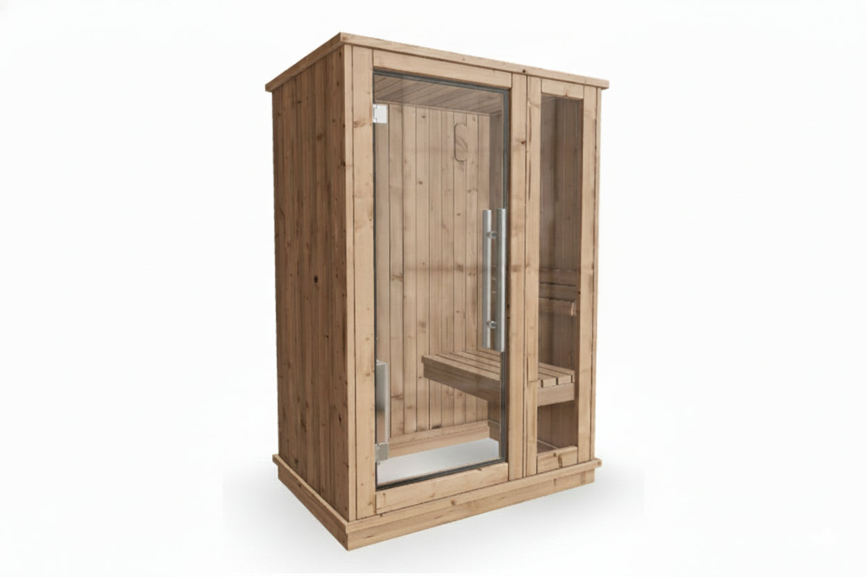 Natural cedar wood sauna cabin with glass door, interior wooden benches, and metal handle, front view on white background