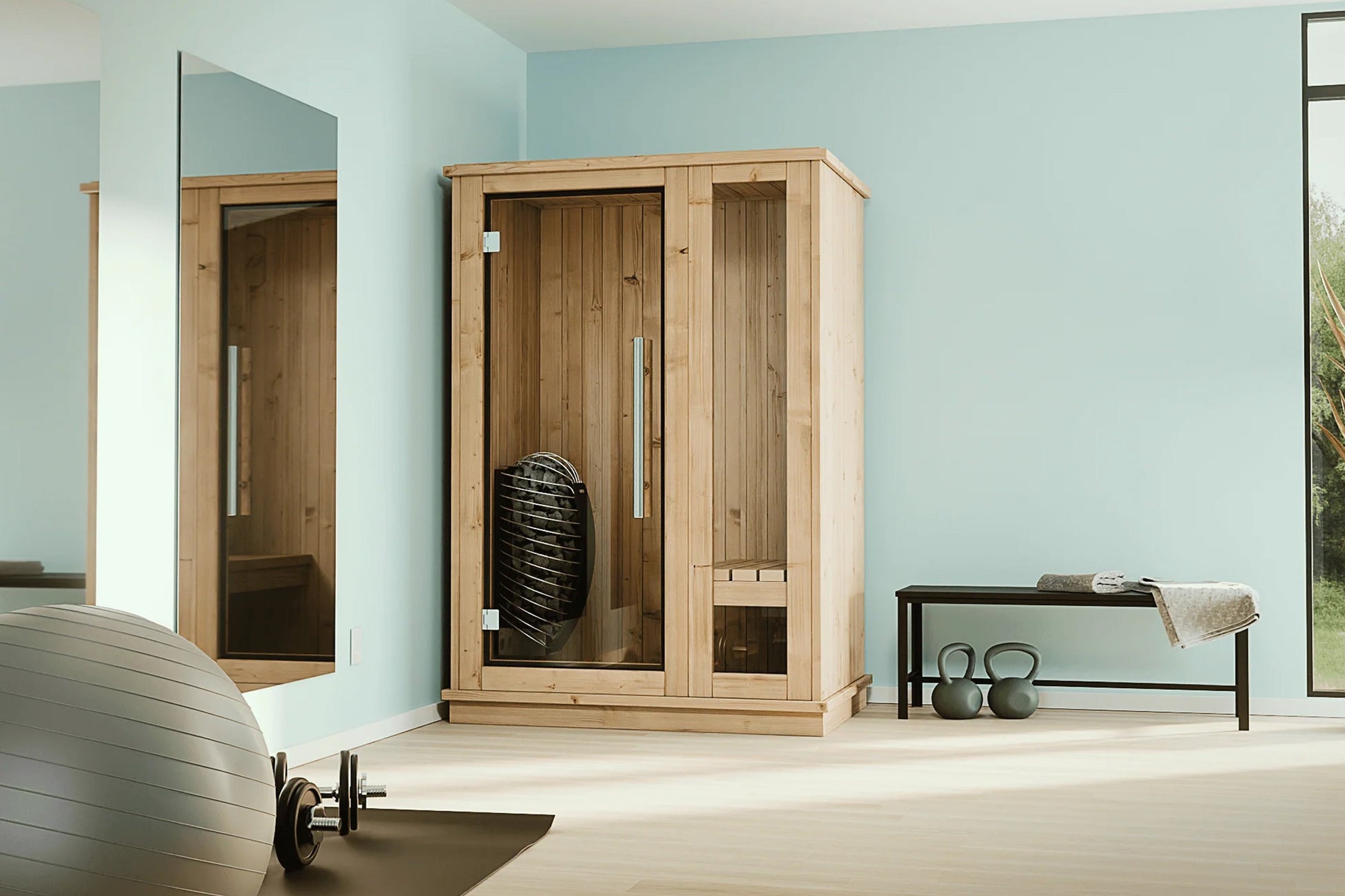 Almost Heaven Logan sauna with wood construction and glass doors in light blue spa room setting