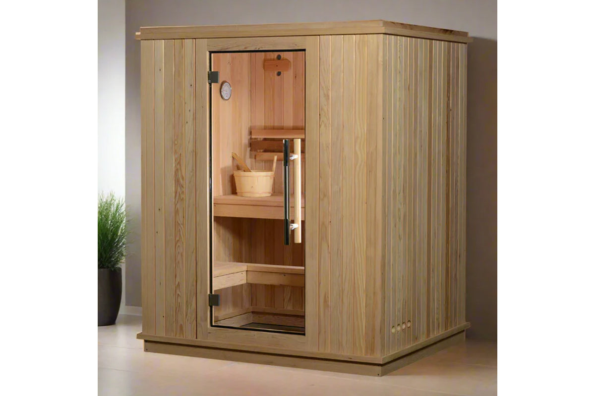 Light wood sauna with glass door, wooden benches, metal handle, and interior bucket, displayed on white background