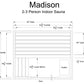 Madison 2-3 person indoor sauna with specifications diagram showing dimensions, upper and lower benches, foot bench, heater, 
