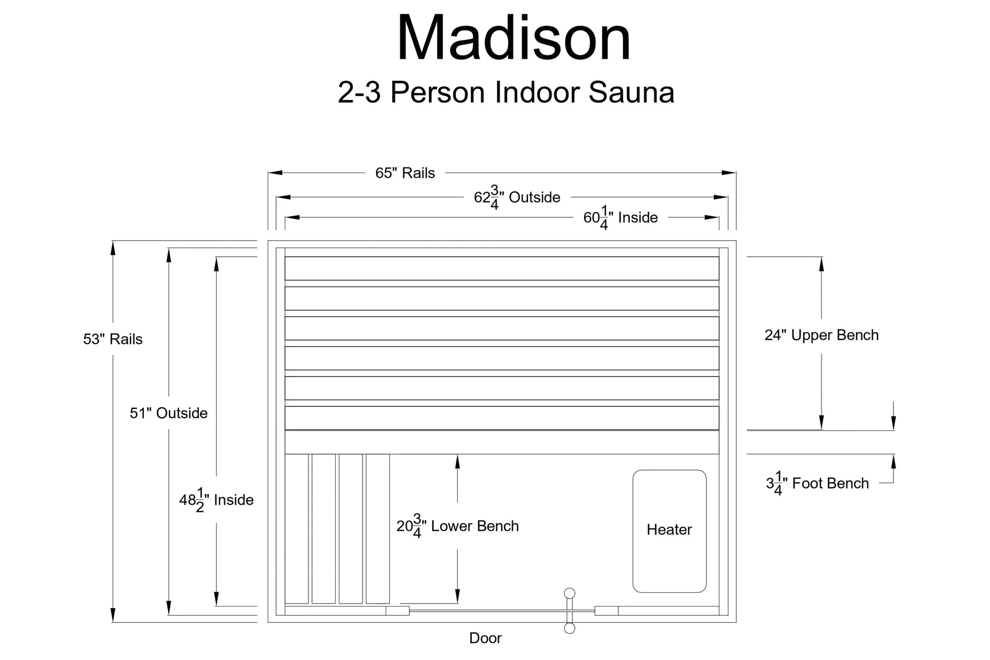 Madison 2-3 person indoor sauna with specifications diagram showing dimensions, upper and lower benches, foot bench, heater, 