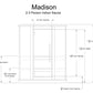 Madison 2-3 person indoor sauna technical schematic with dimensions, door opening, and bench measurements on white background