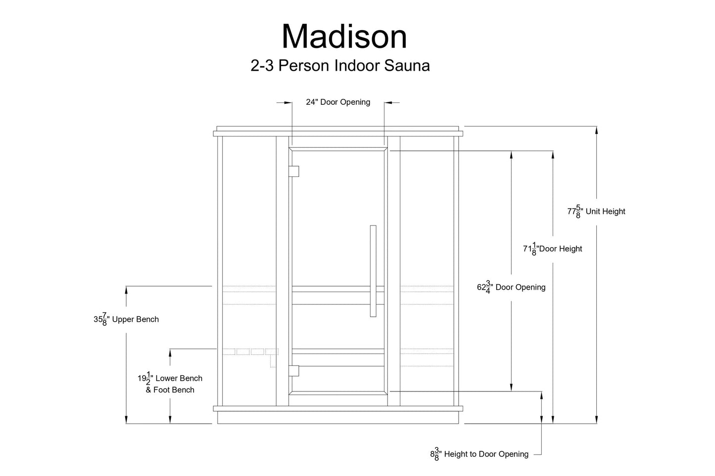 Madison 2-3 person indoor sauna technical schematic with dimensions, door opening, and bench measurements on white background