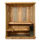 Light wood cedar sauna with two vertical ventilation panels, bench seating, and black heater unit mounted inside, front view 