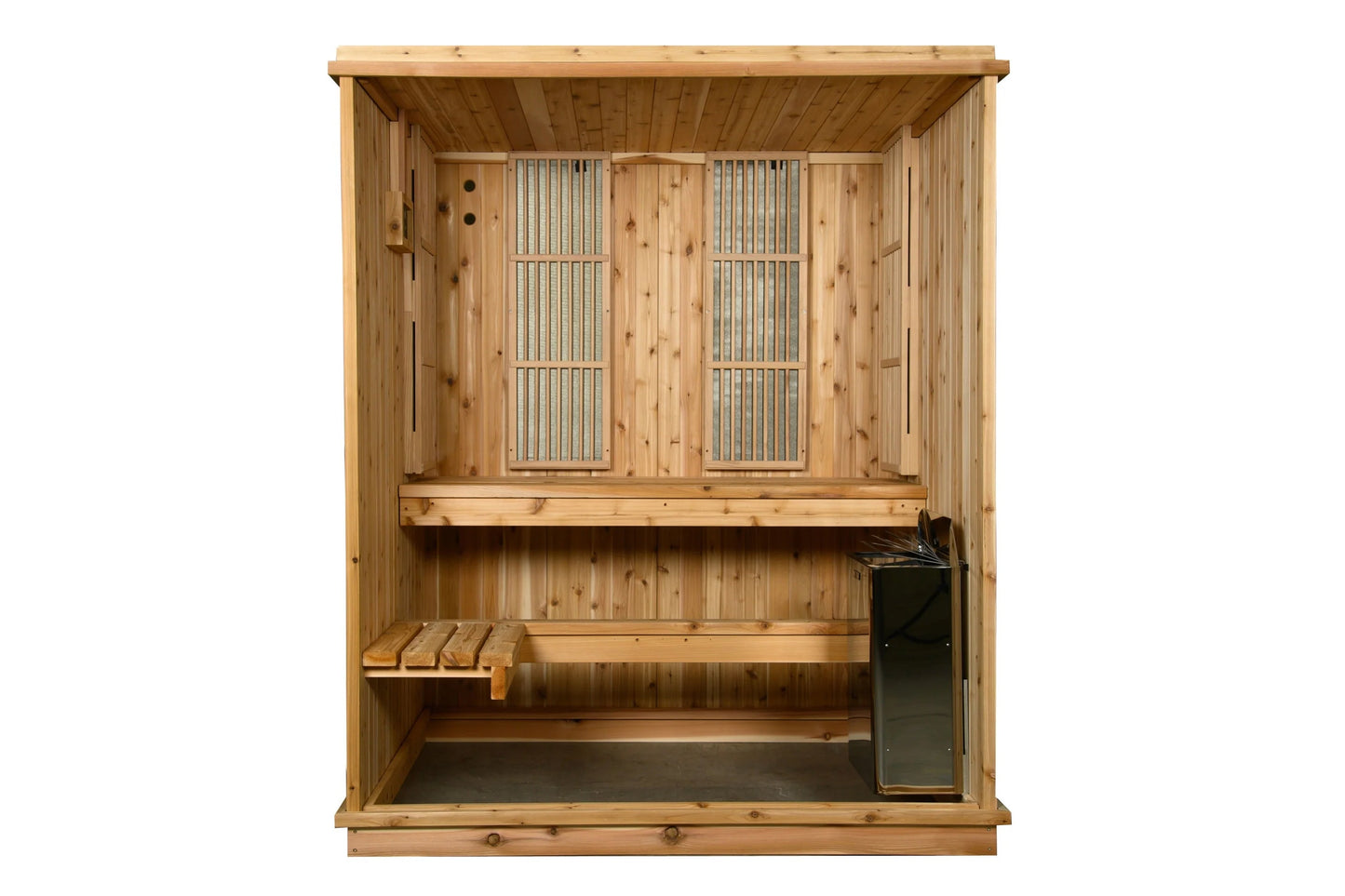 Light wood cedar sauna with two vertical ventilation panels, bench seating, and black heater unit mounted inside, front view 