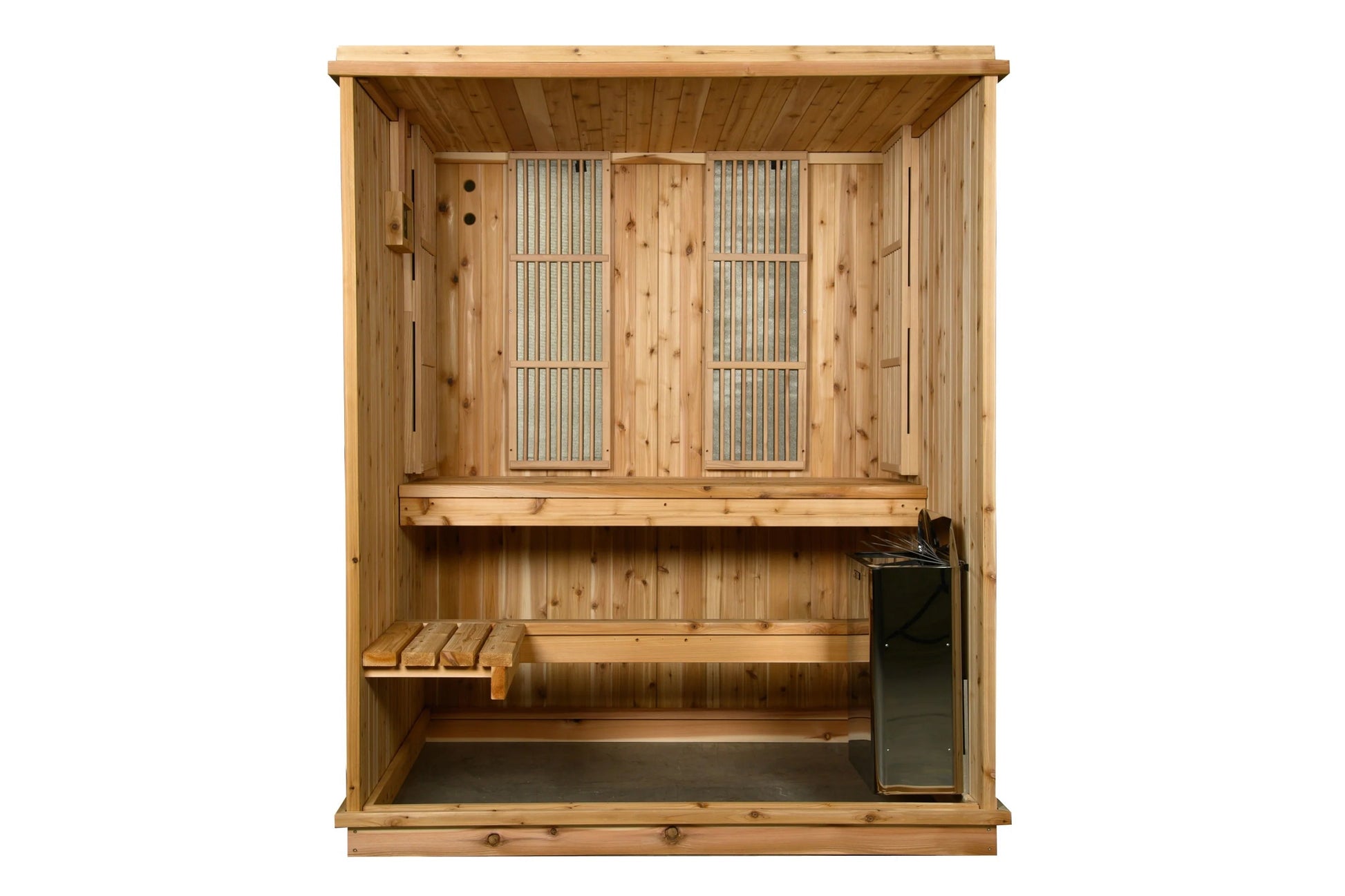 Light wood cedar sauna with two vertical ventilation panels, bench seating, and black heater unit mounted inside, front view 