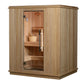 Light wood hybrid indoor sauna with glass door, wooden bench seating, bucket and ladle inside, on white background