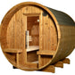 Barrel sauna with rounded cedar wood construction, open door showing wooden interior benches, dark roof shingles, and vent op