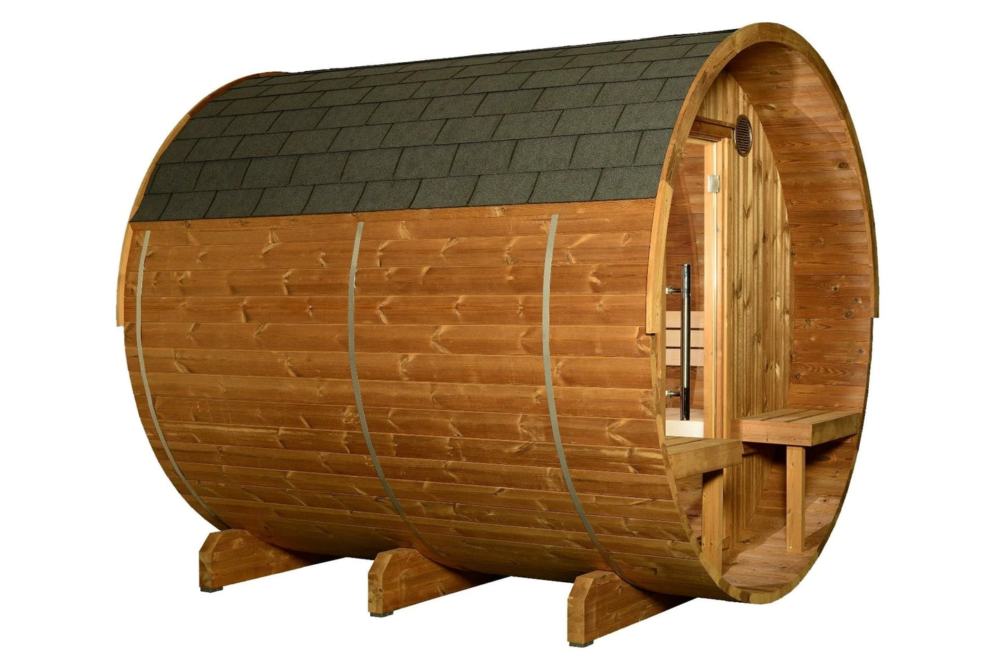 Wooden barrel sauna with dark grey shingle roof, cedar construction, open door with bench interior, and wooden support legs