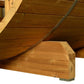 Wood barrel sauna with curved cedar roof and metal support beam, shown on white background