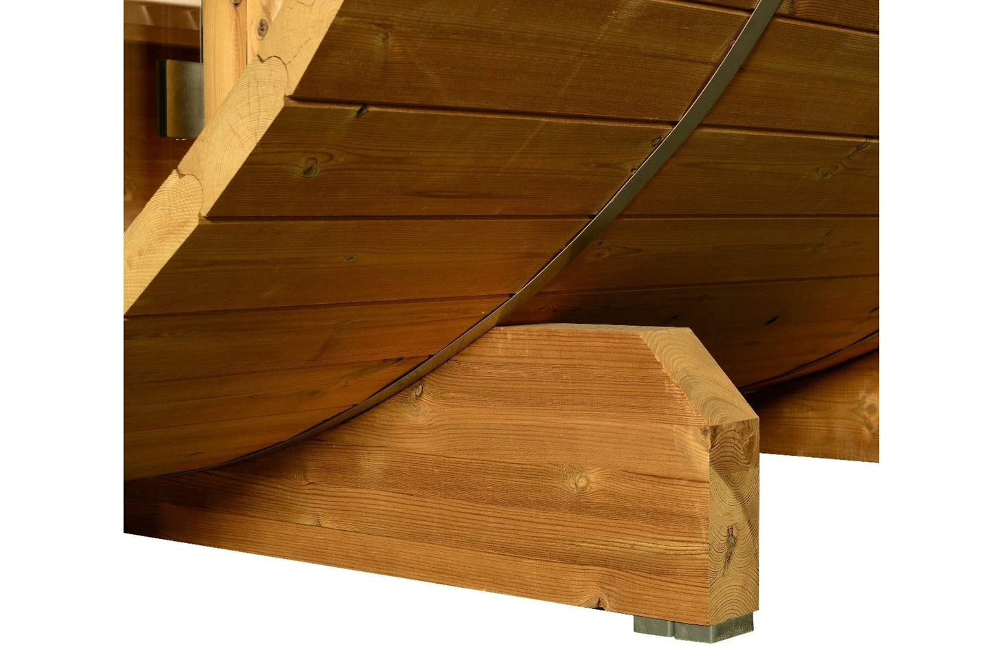 Wood barrel sauna with curved cedar roof and metal support beam, shown on white background
