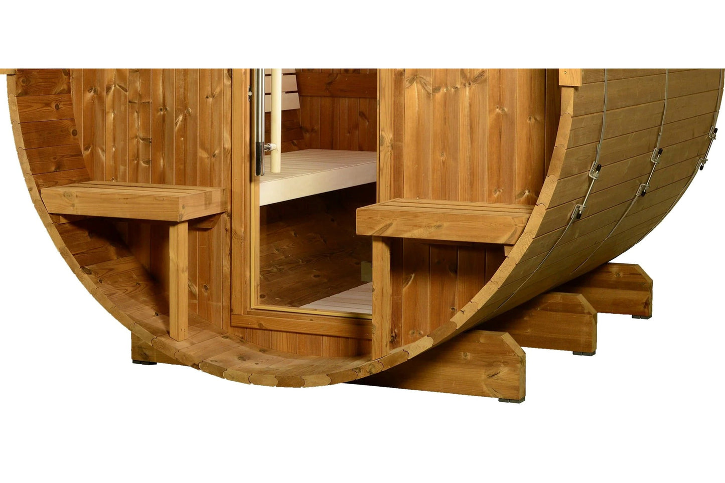 Almost Heaven Magnus barrel sauna with curved wooden construction, glass doors, benches, and wooden support base on white bac
