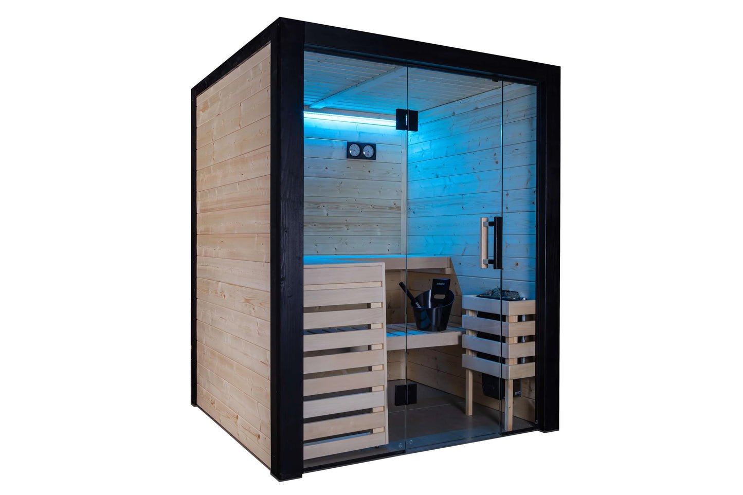Black framed indoor sauna with glass doors, light wood interior, built-in bench seating, blue LED lighting, and control panel