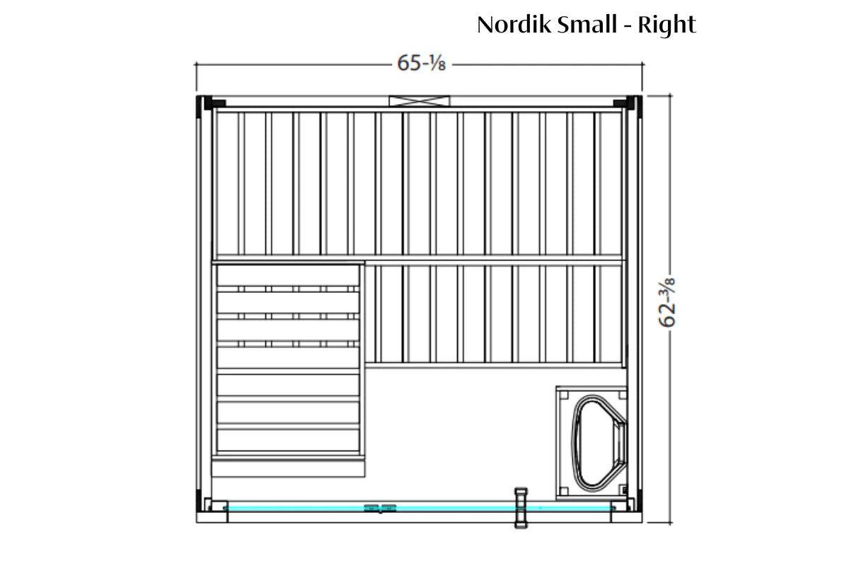 Nordik Small right sauna floor plan with dimensions 65-1/8 inches wide by 62-3/8 inches tall, showing vertical bench seating 