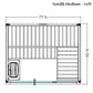 Nordik Medium sauna floor plan left view showing dimensions 77-1/8 inches wide by 62-5/8 inches tall, with vertical slat inte