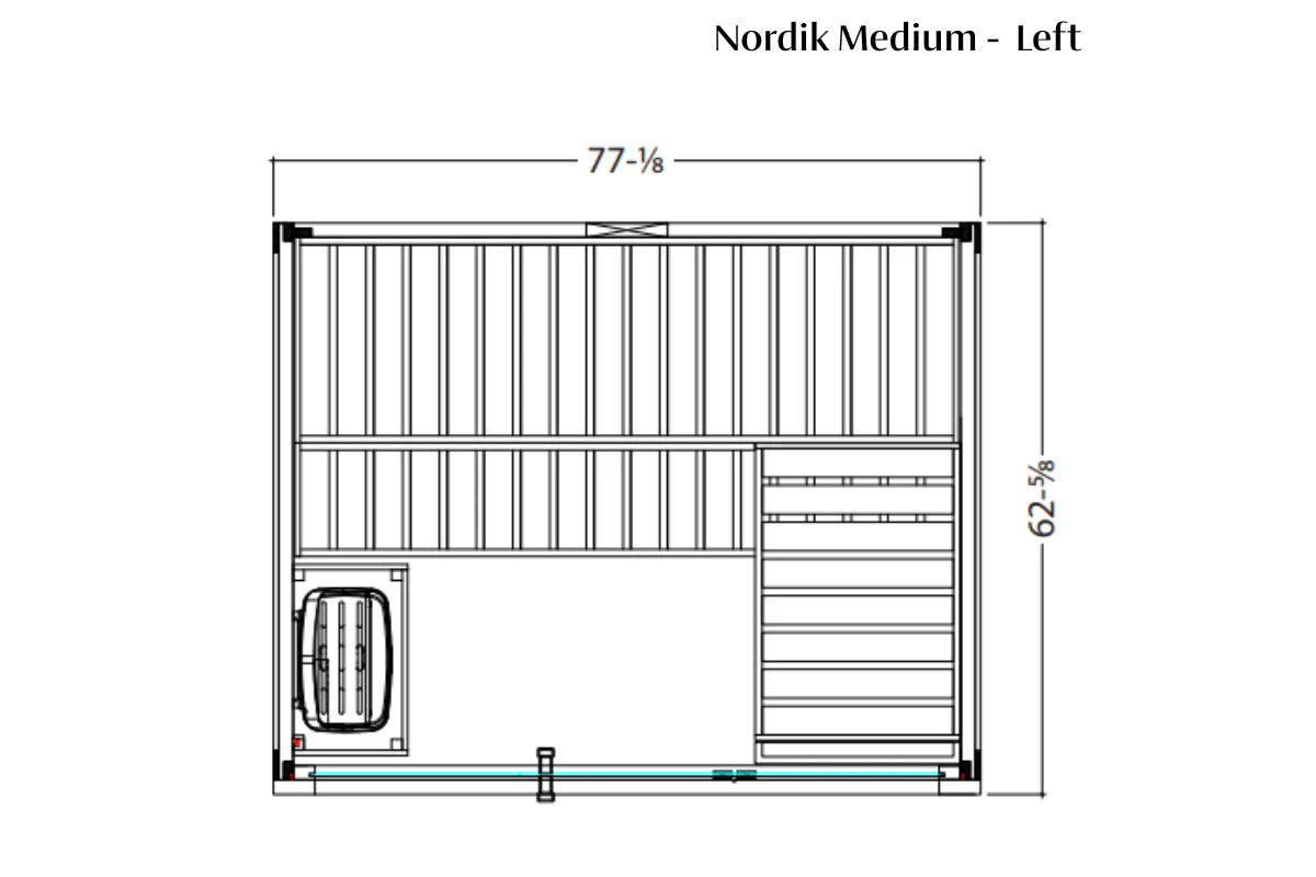 Nordik Medium sauna floor plan left view showing dimensions 77-1/8 inches wide by 62-5/8 inches tall, with vertical slat inte