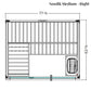 Nordik Medium sauna floor plan with right-side layout, showing dimensions 77-1/8 by 62-5/8 inches, vertical slat interior, be