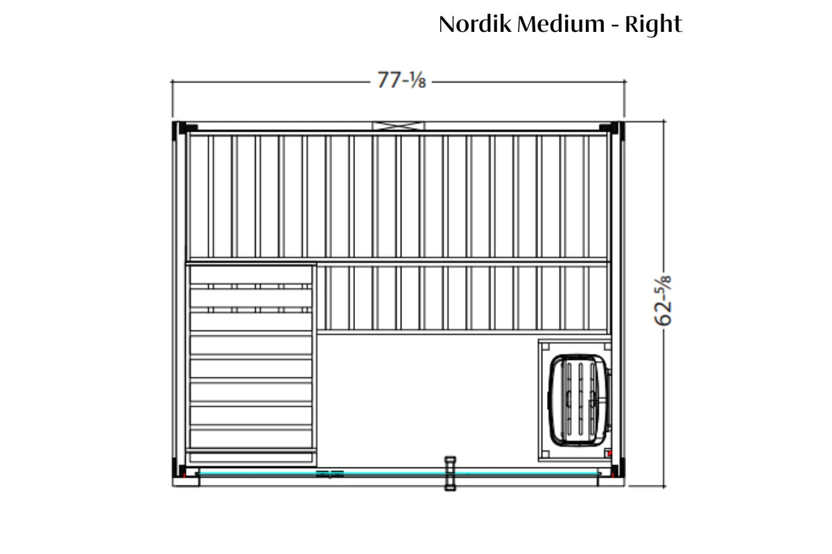 Nordik Medium sauna floor plan with right-side layout, showing dimensions 77-1/8 by 62-5/8 inches, vertical slat interior, be