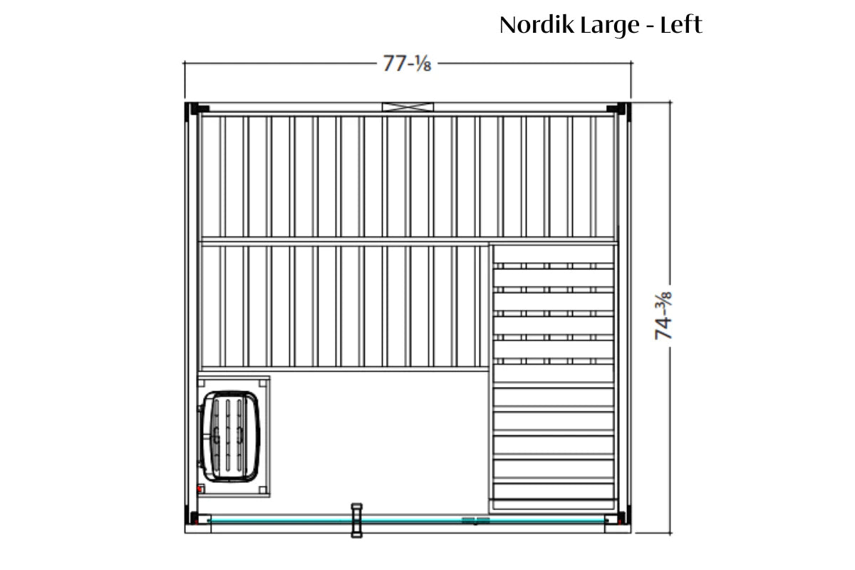 Nordik Large sauna floor plan showing left view with dimensions of 77-½ by 74-⅜ inches, featuring vertical slat interior, doo