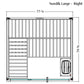 Nordik Large right-side sauna floor plan with vertical wood slats, bench seating on left, heater unit on lower right, measuri