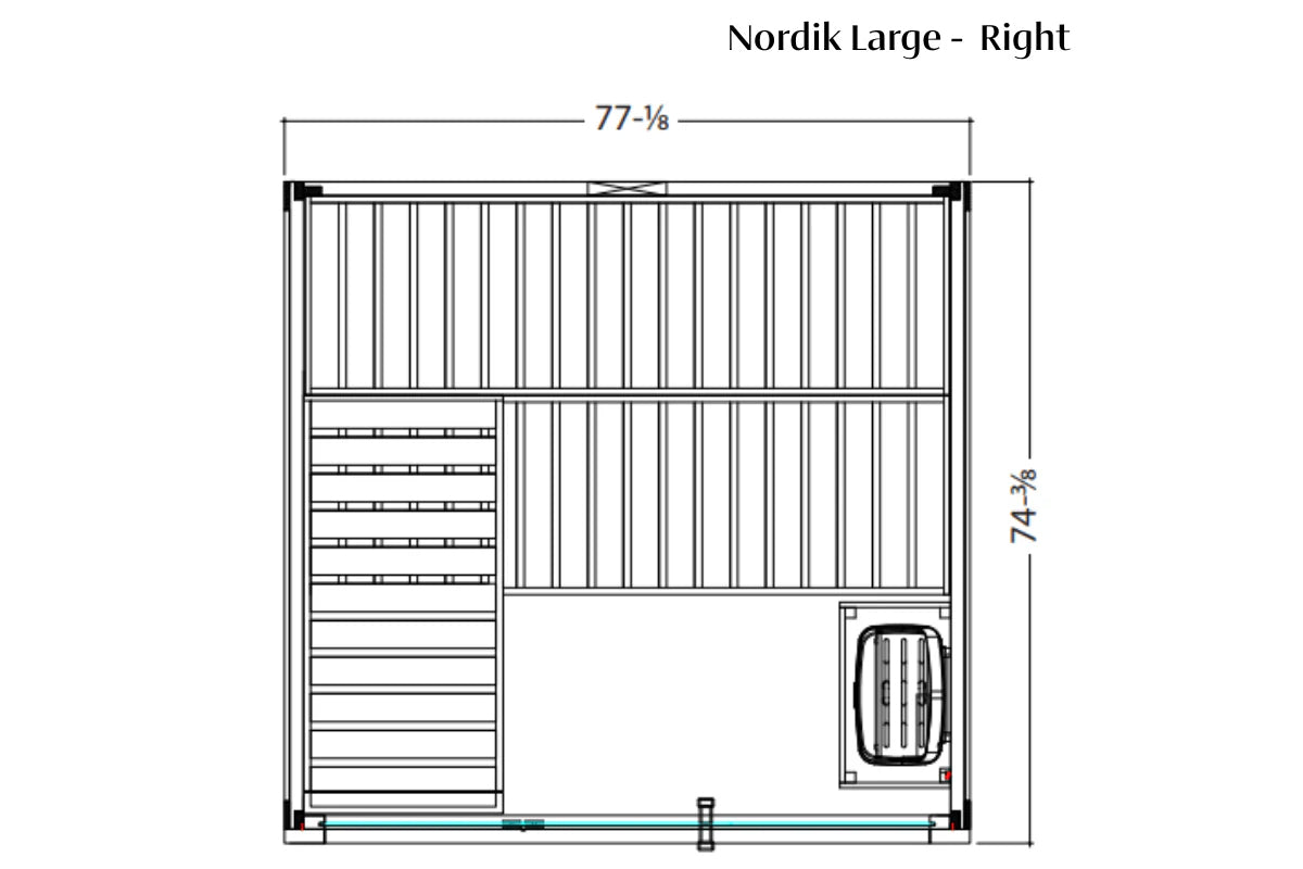 Nordik Large right-side sauna floor plan with vertical wood slats, bench seating on left, heater unit on lower right, measuri