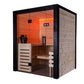 Almost Heaven Nordik indoor sauna with black frame, glass doors, cedar wood interior, infrared heating elements glowing orang